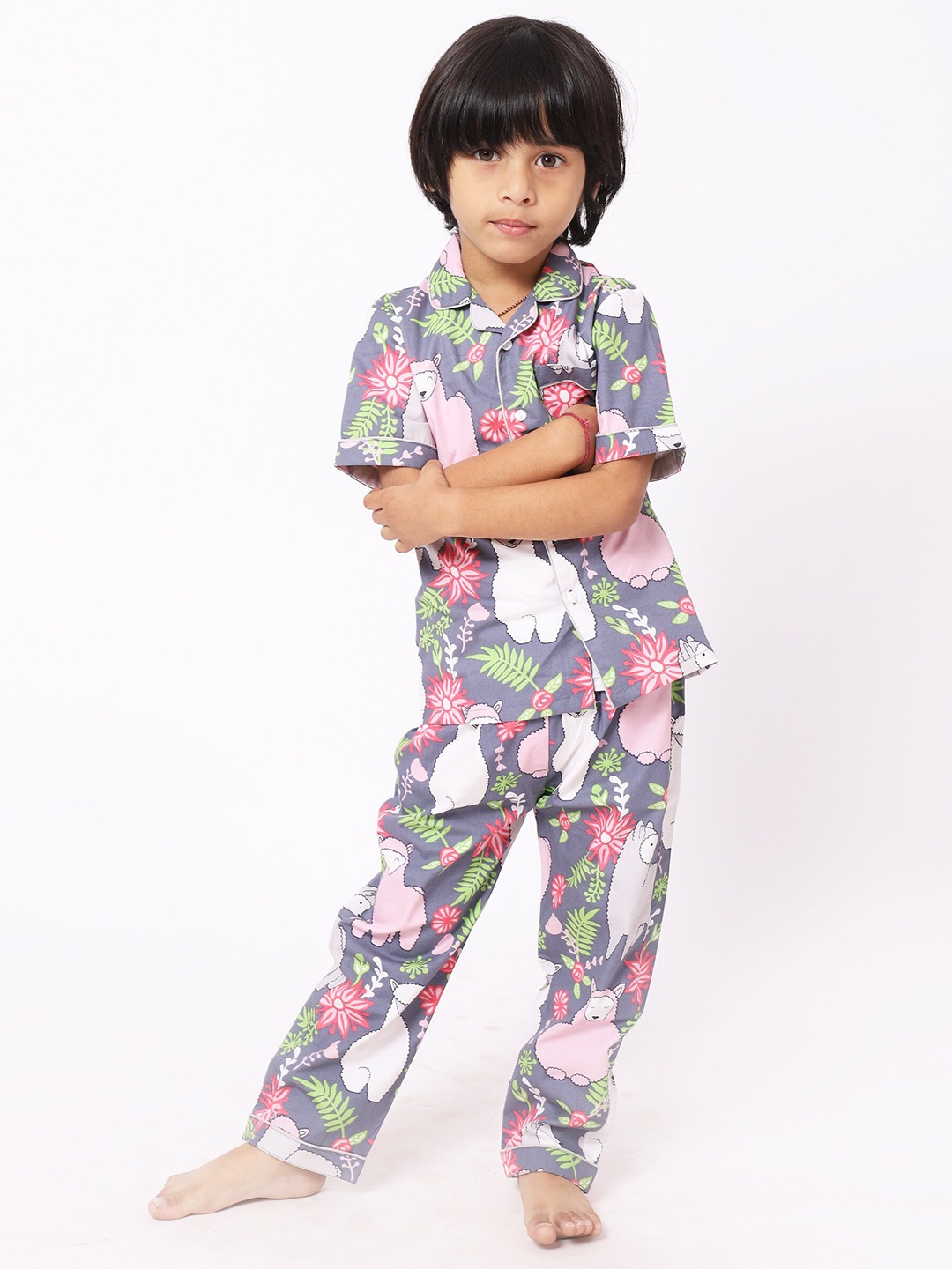 

Sleepy tots Boys Graphic Printed Pure Cotton Night Suit, Grey