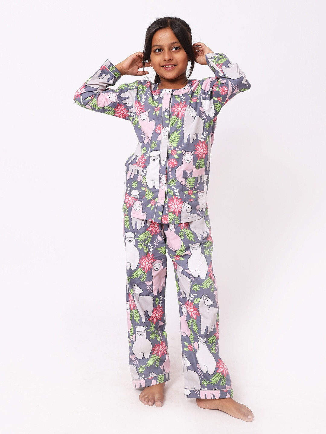 

Sleepy tots Girls Graphic Printed Pure Cotton Night Suit, Grey