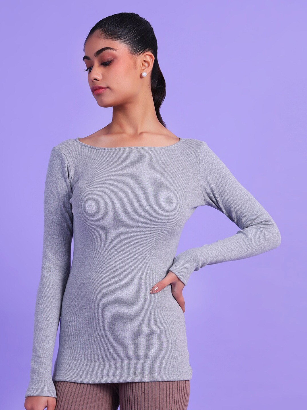 

Da Intimo Grey Boat Neck Fitted Cotton Top