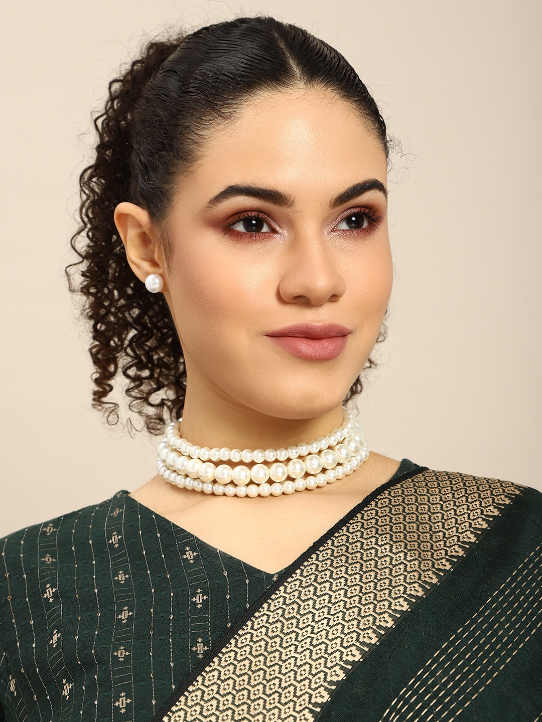 

House of Pataudi Pearl Choker Necklace with Earrings, Gold