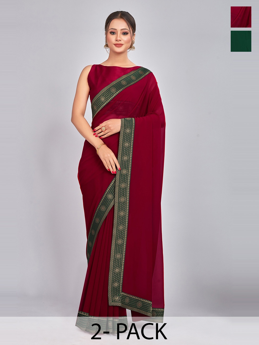 

CastilloFab Selection Of 2 Ethnic Pure Georgette Sarees, Green