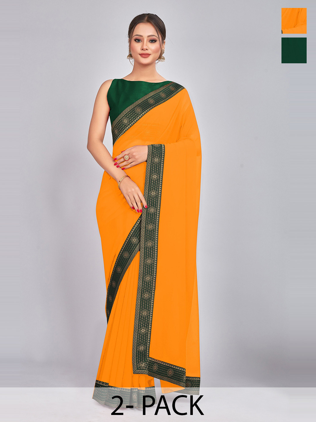 

CastilloFab Pack of 2 Gotta Patti Pure Georgette Saree, Green
