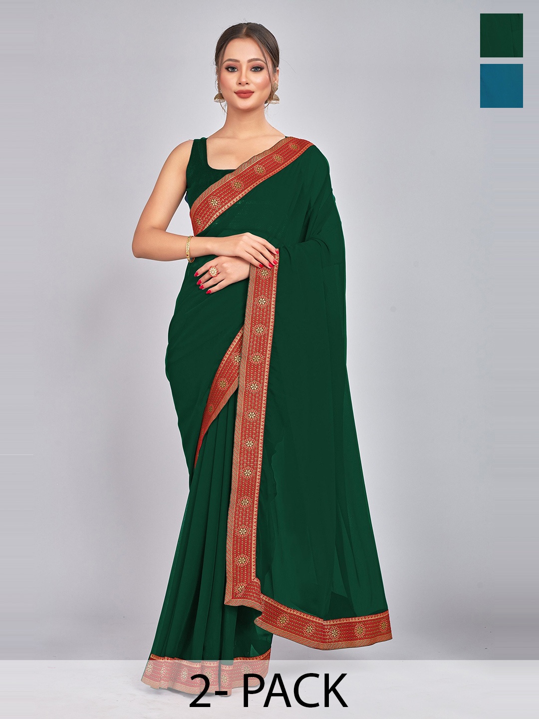 

CastilloFab Selection Of 2 Ethnic Pure Georgette Sarees, Green