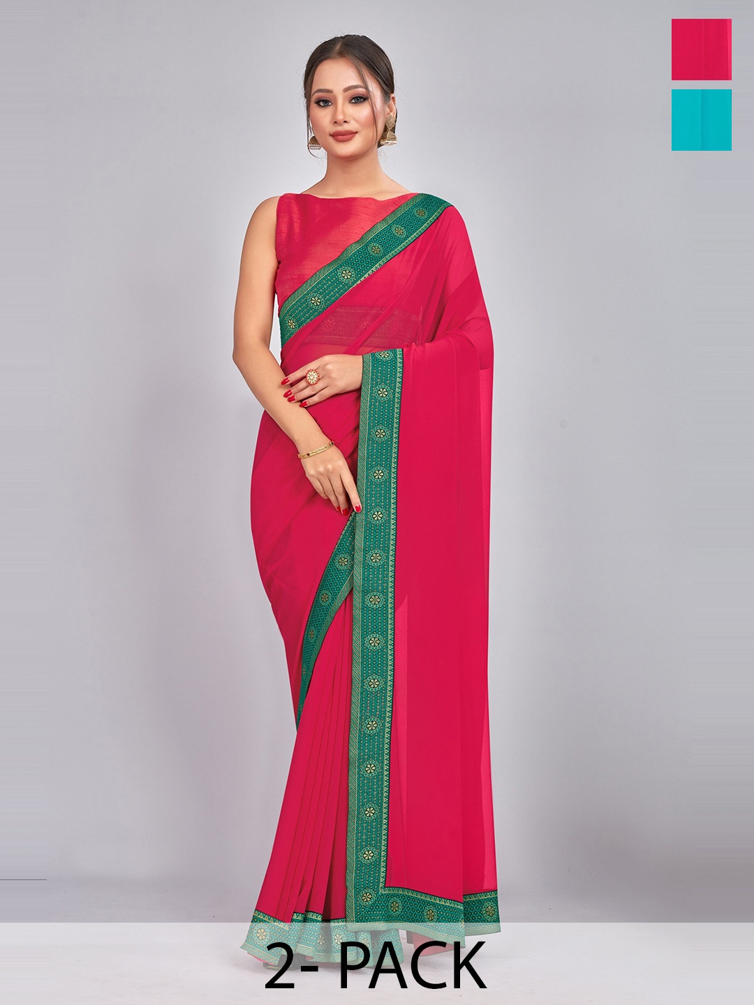 

CastilloFab Selection of 2 Zari Pure Georgette Saree, Rose