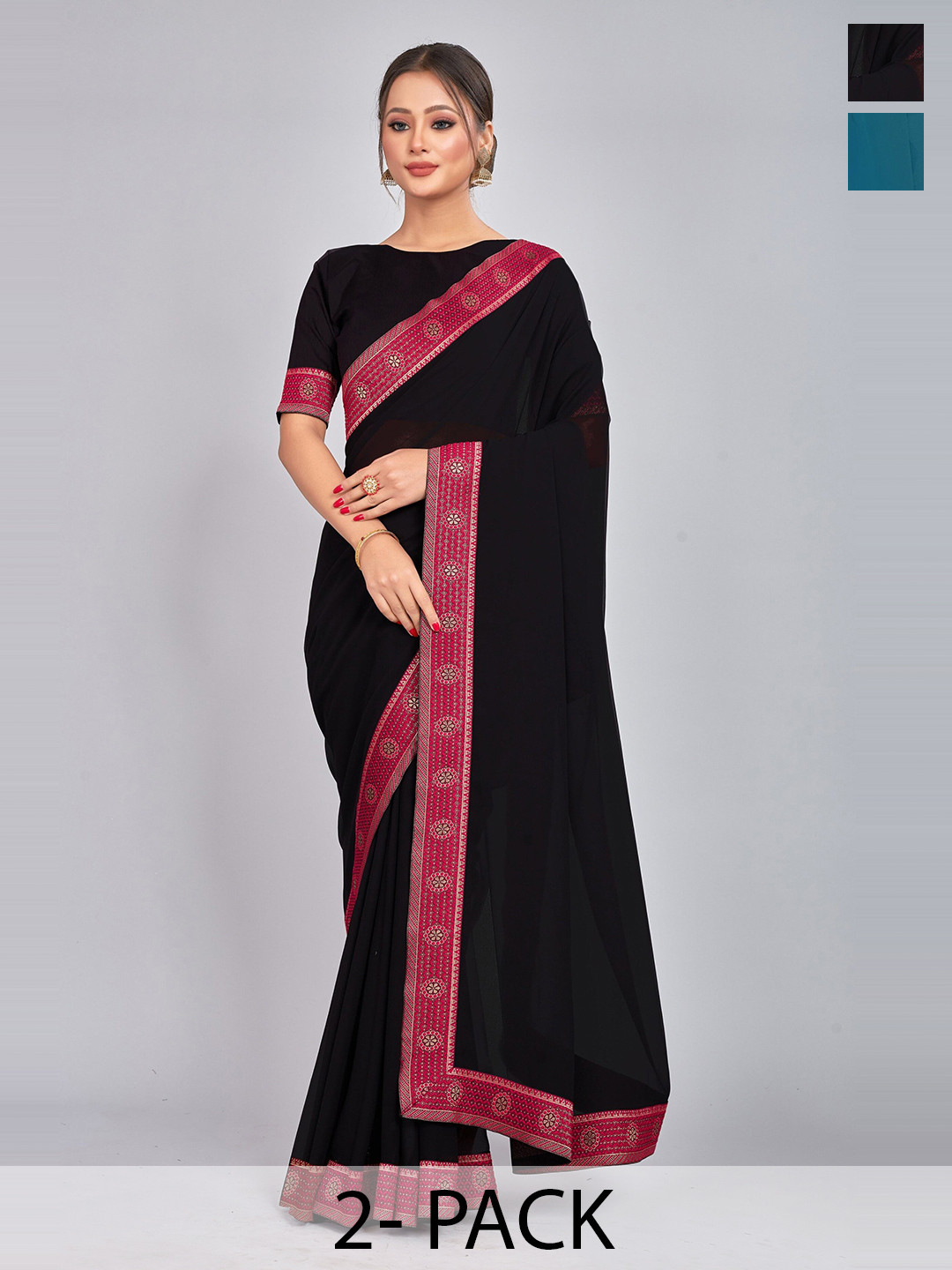 

CastilloFab Pack of 2 Gotta Patti Pure Georgette Saree, Black