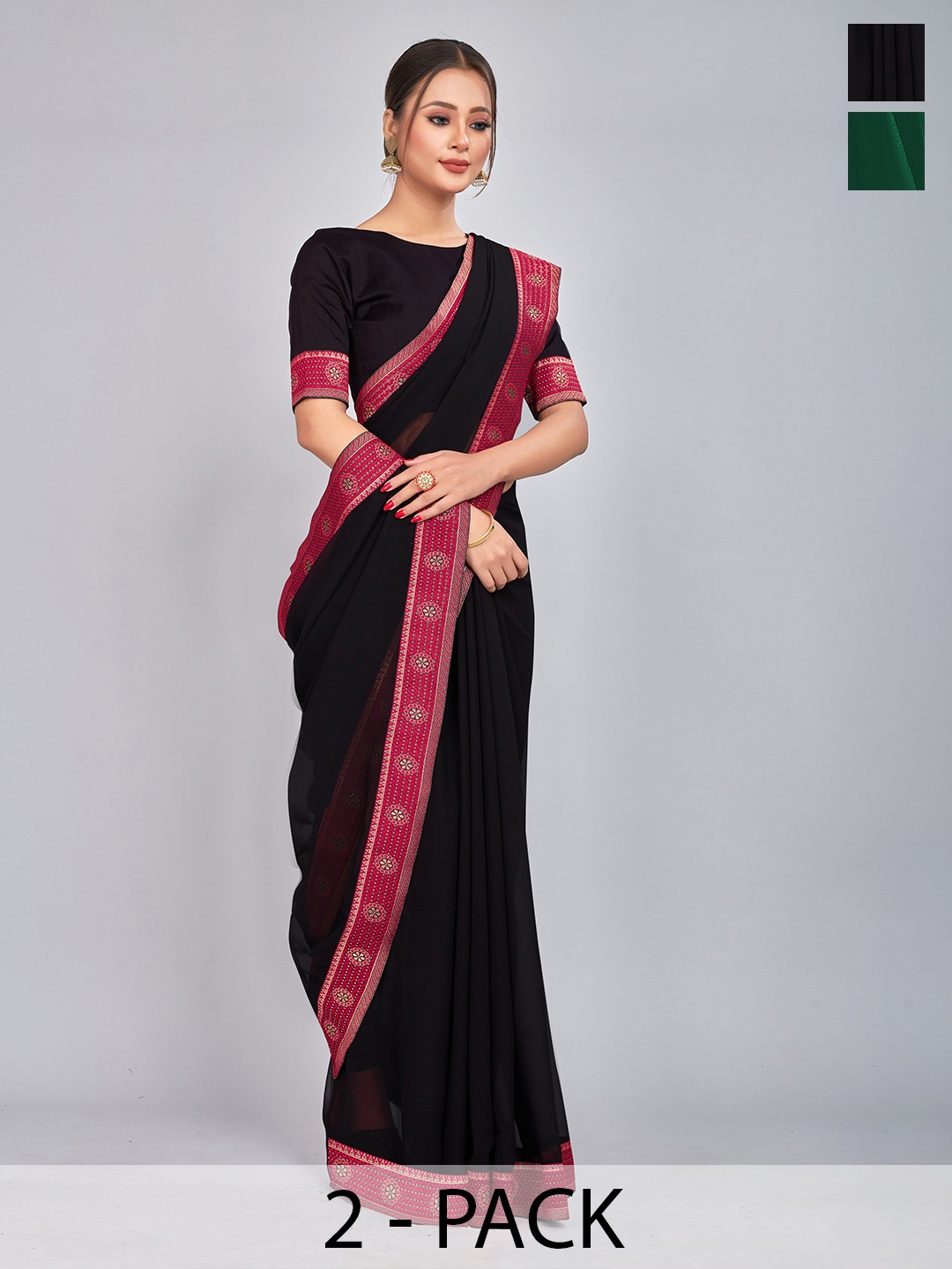 

CastilloFab Selection Of 2 Ethnic Zari Pure Georgette Sarees, Black