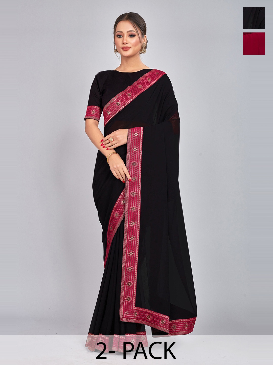 

CastilloFab Selection Of 2 Zari Pure Georgette Saree, Black