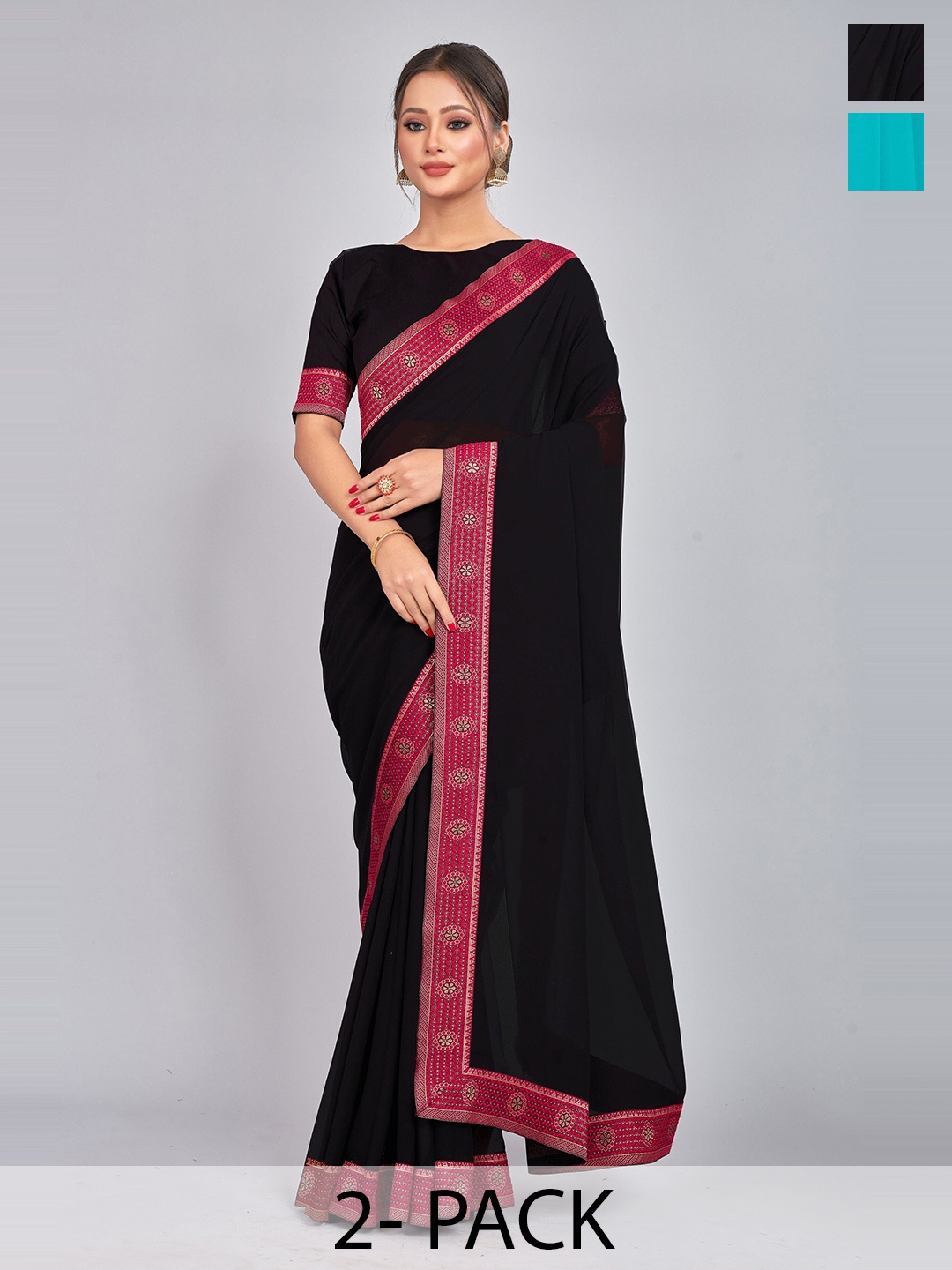 

CastilloFab Black & Red Selection Of 2 Pure Georgette Sarees