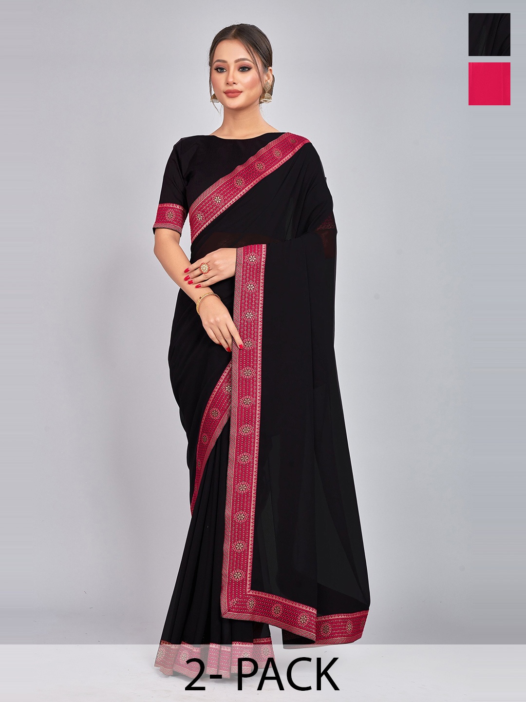

CastilloFab Selection of 2 Zari Pure Georgette Saree, Black