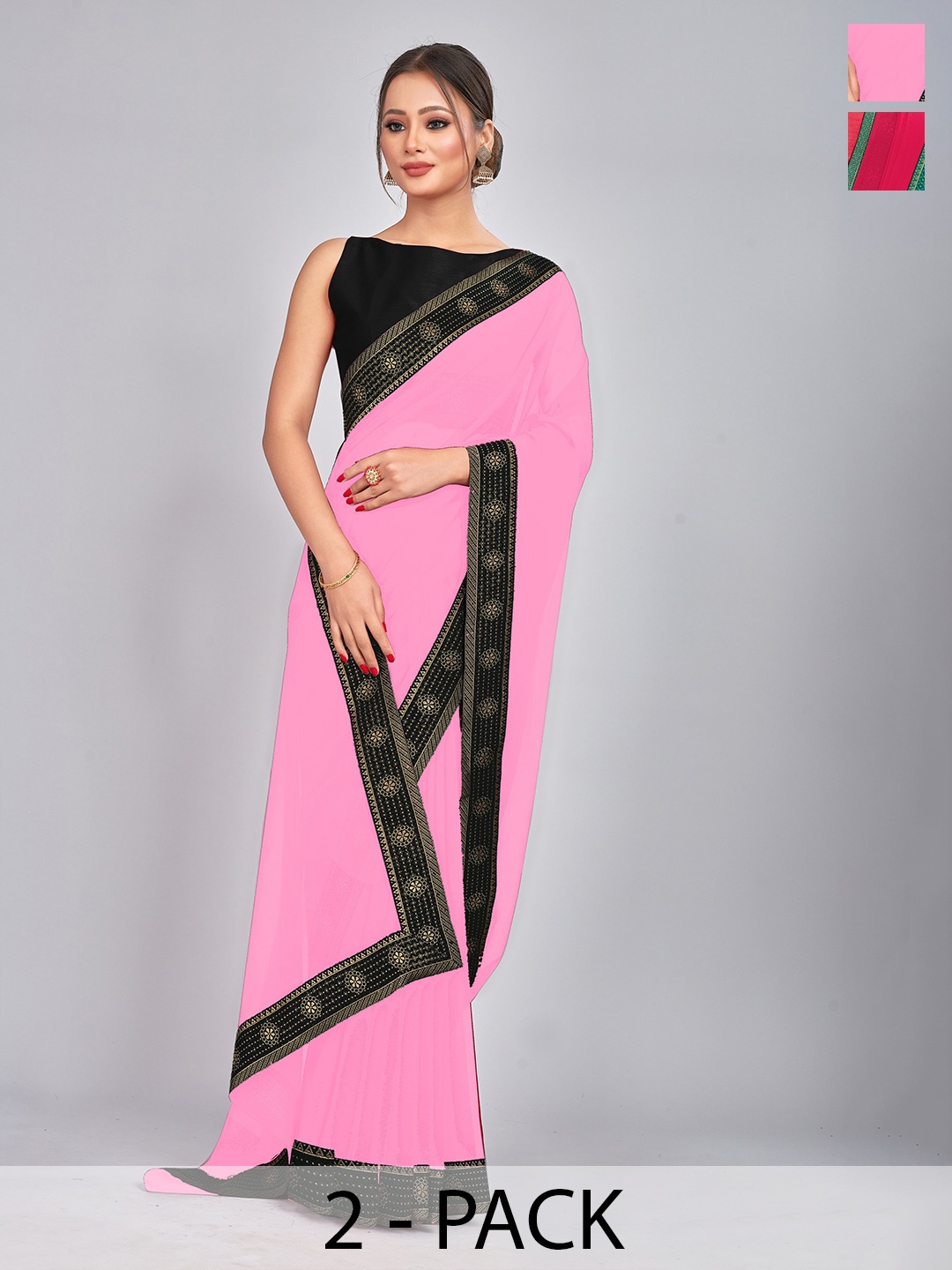 

CastilloFab Selection Of 2 Woven Design Zari Pure Georgette Sarees, Rose