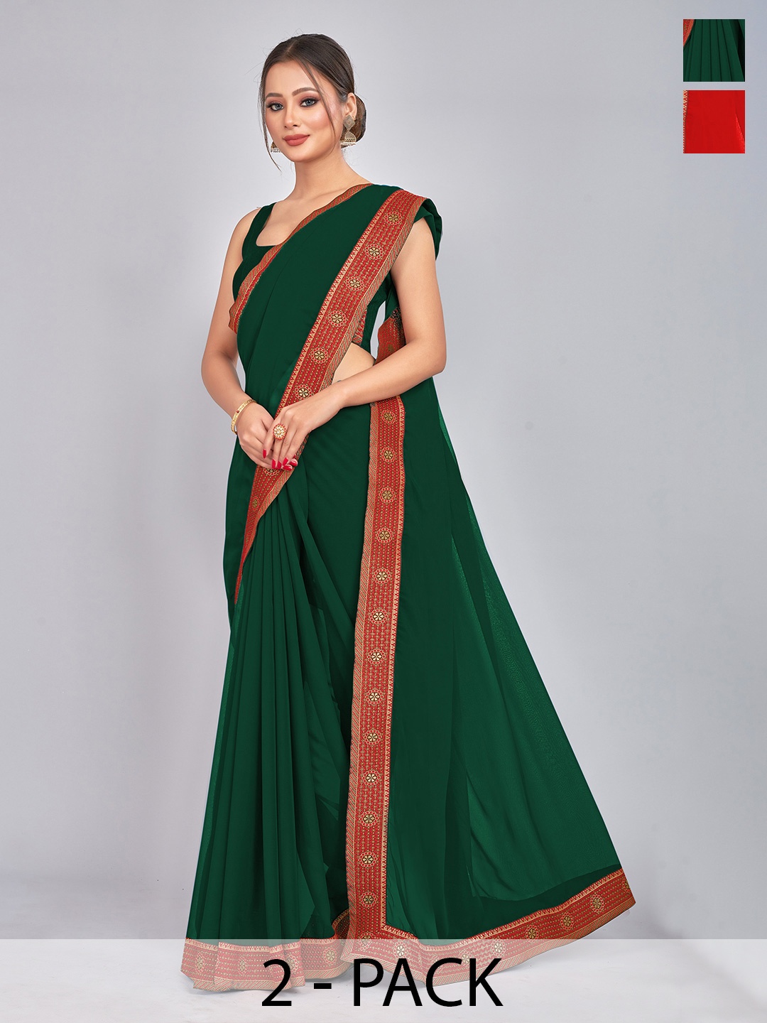 

CastilloFab Selection Of 2 Ethnic Pure Georgette Sarees, Green