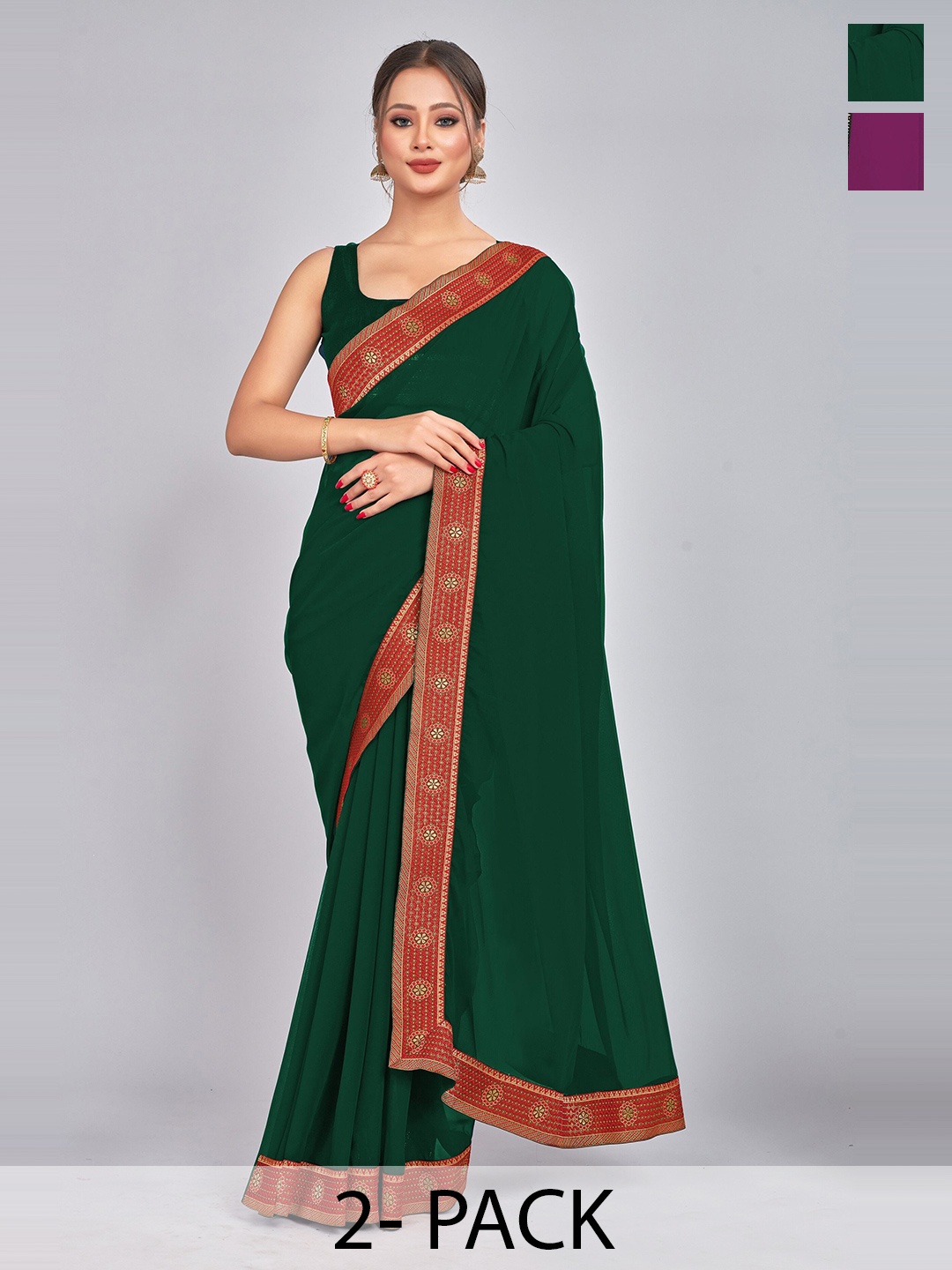 

CastilloFab Pack of 2 Gotta Patti Pure Georgette Saree, Green