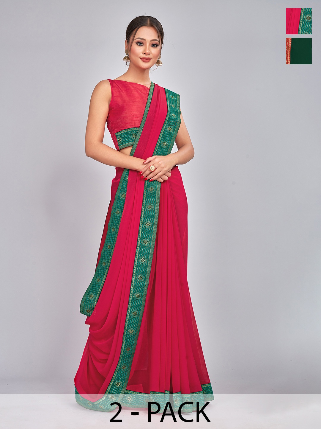 

CastilloFab Pack Of 2 Woven Design Pure Georgette Saree, Green
