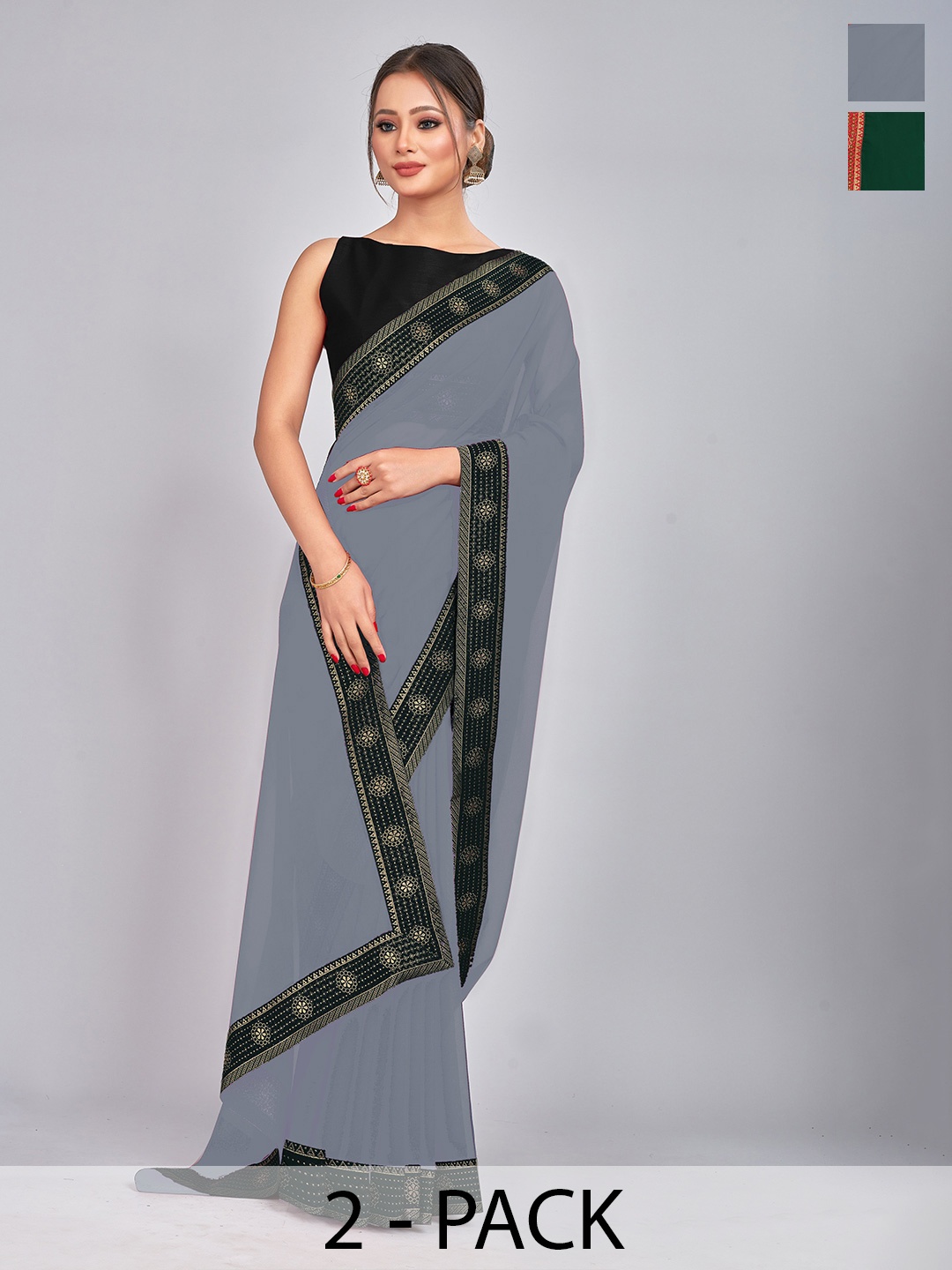 

CastilloFab Selection Of 2 Zari Pure Georgette Saree, Green