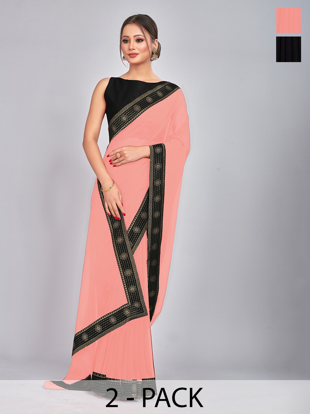 

CastilloFab Pack of 2 Gotta Patti Pure Georgette Saree, Black