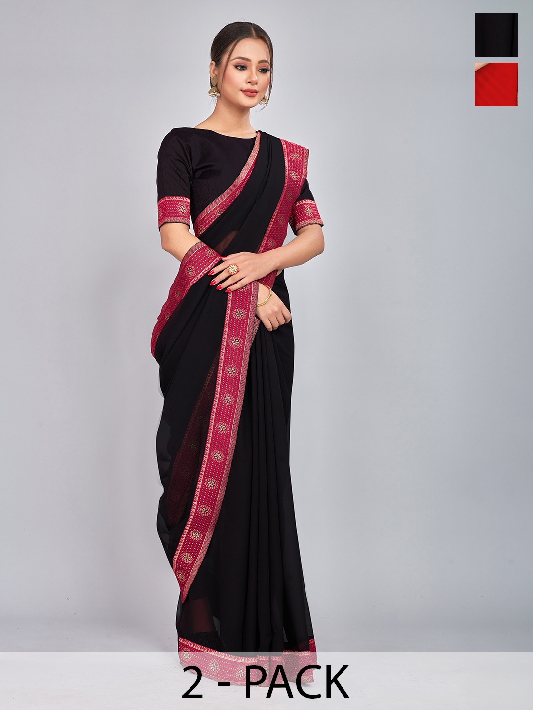 

CastilloFab Selection Of 2 Ethnic Zari Pure Georgette Sarees, Black