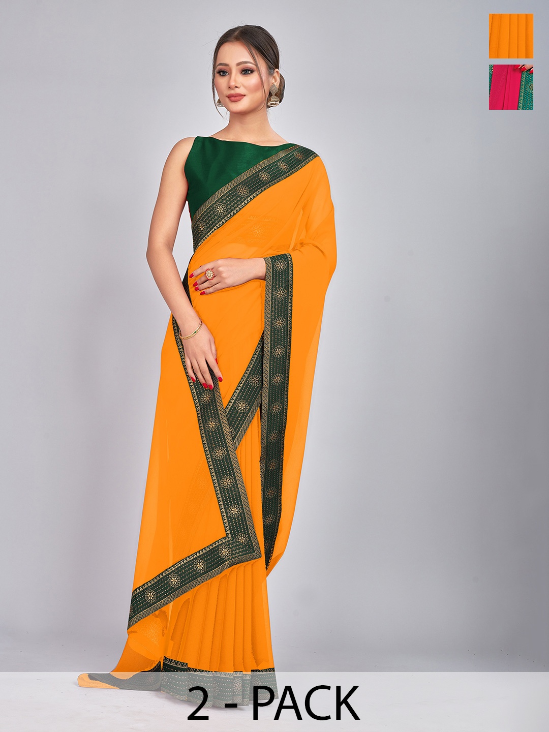 

CastilloFab Selection of 2 Zari Pure Georgette Saree, Rose