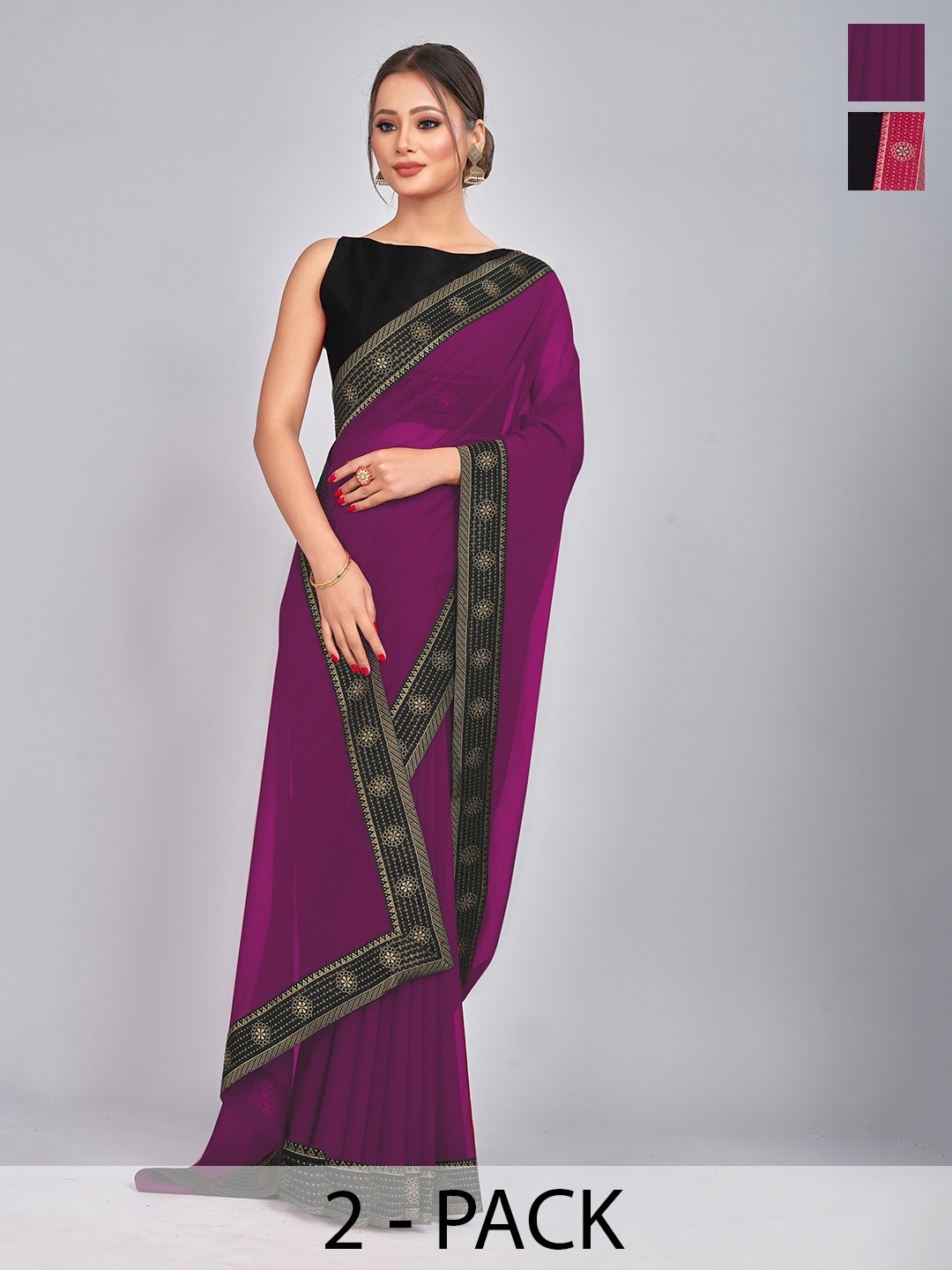 

CastilloFab Selection Of 2 Zari Pure Georgette Saree, Black