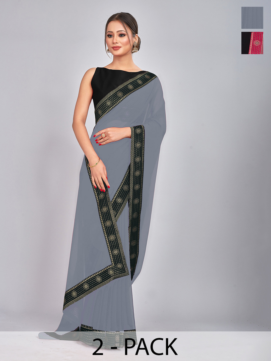 

CastilloFab Selection Of 2 Woven Design Zari Pure Georgette Sarees, Black