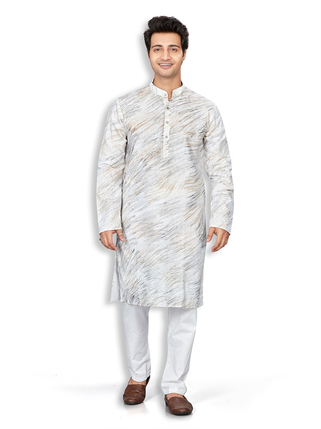 

Authentics Mandarin Collar Abstract Printed Regular Linen Kurta with Trousers, White