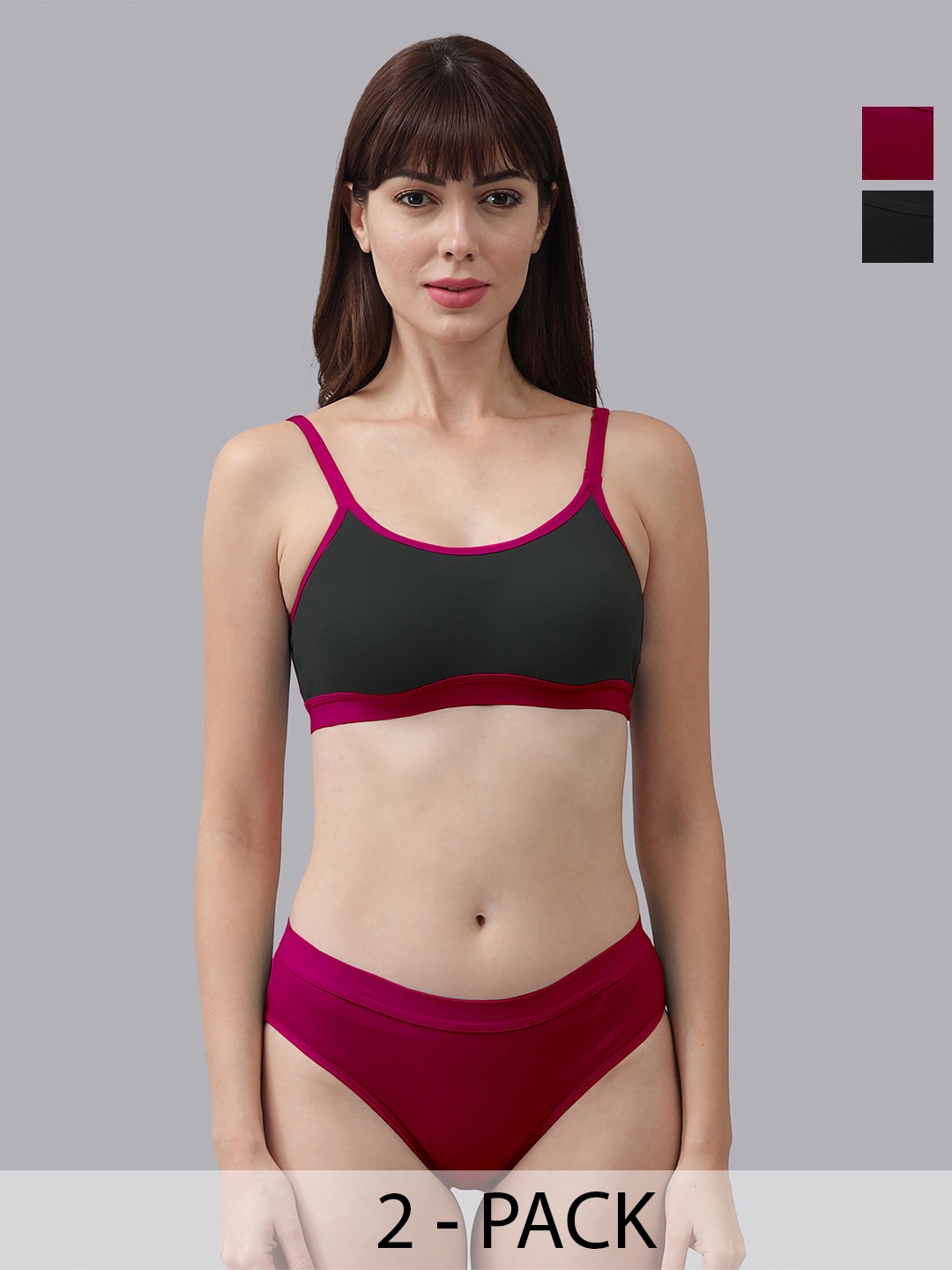 AROUSY Pack Of 2 Cotton Bra & Panty Set Pnora Set_21, Black