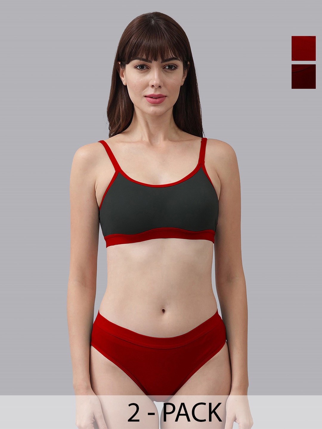AROUSY Pack Of 2 Mid-Rise Cotton Lingerie Set, Maroon