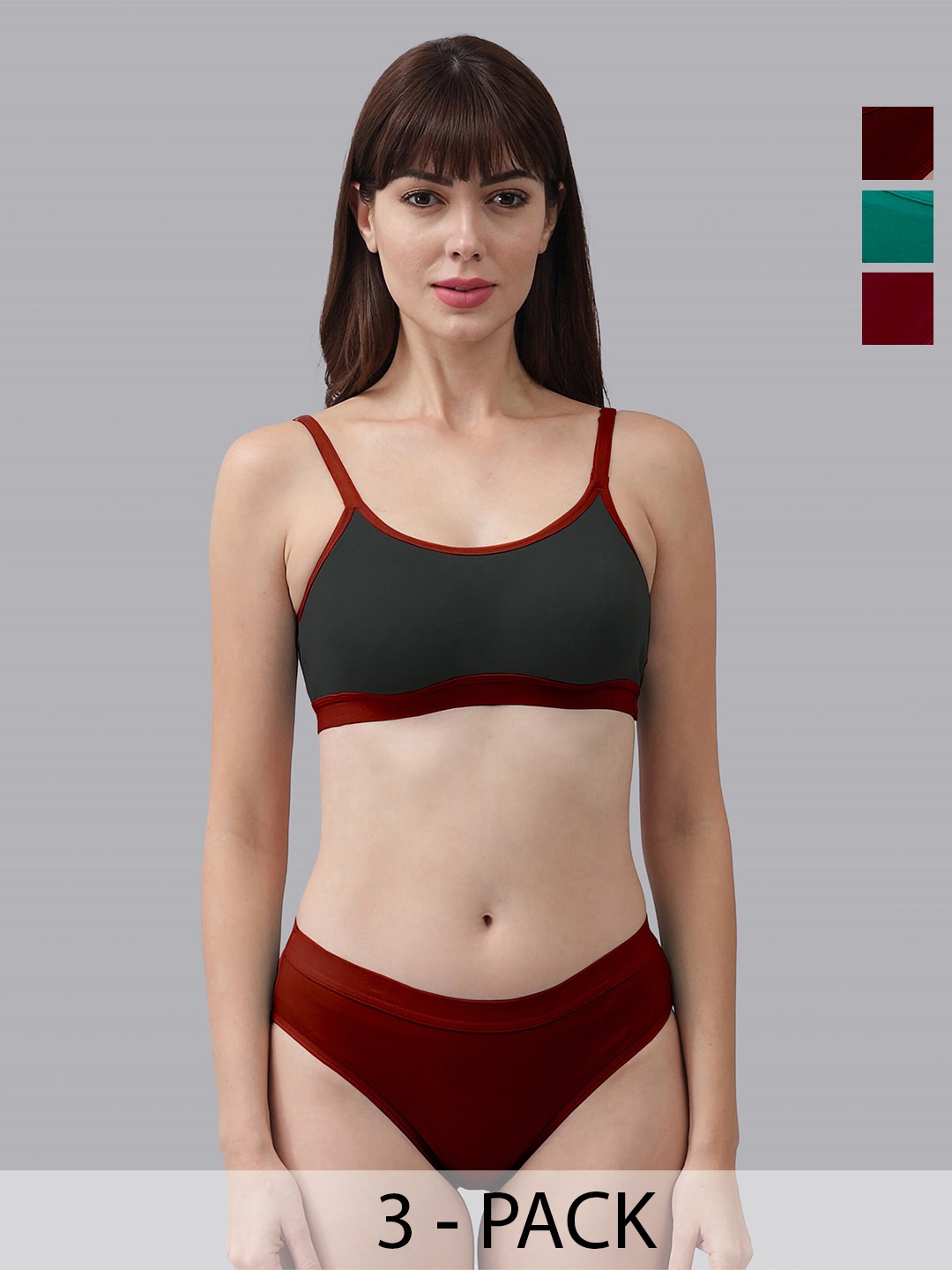 

AROUSY Pack Of 3 Breathable Cotton Bra Panty Lingerie Set, Maroon