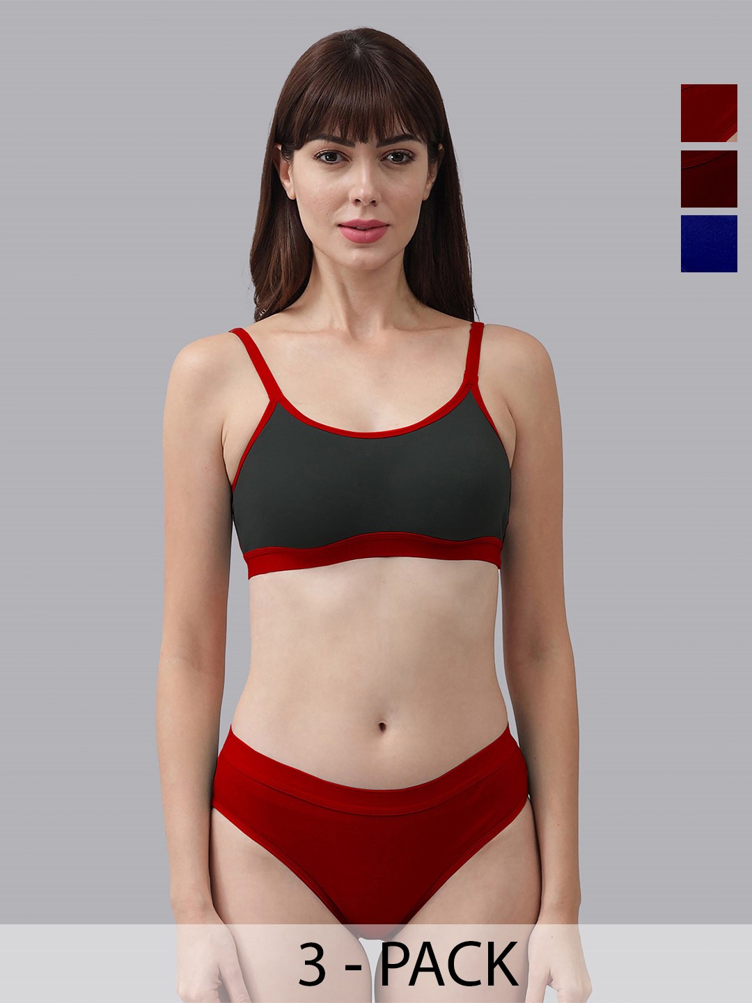 

AROUSY Pack of 3 Non-Padded Cotton Lingerie Set-Pnora Set_3, Red