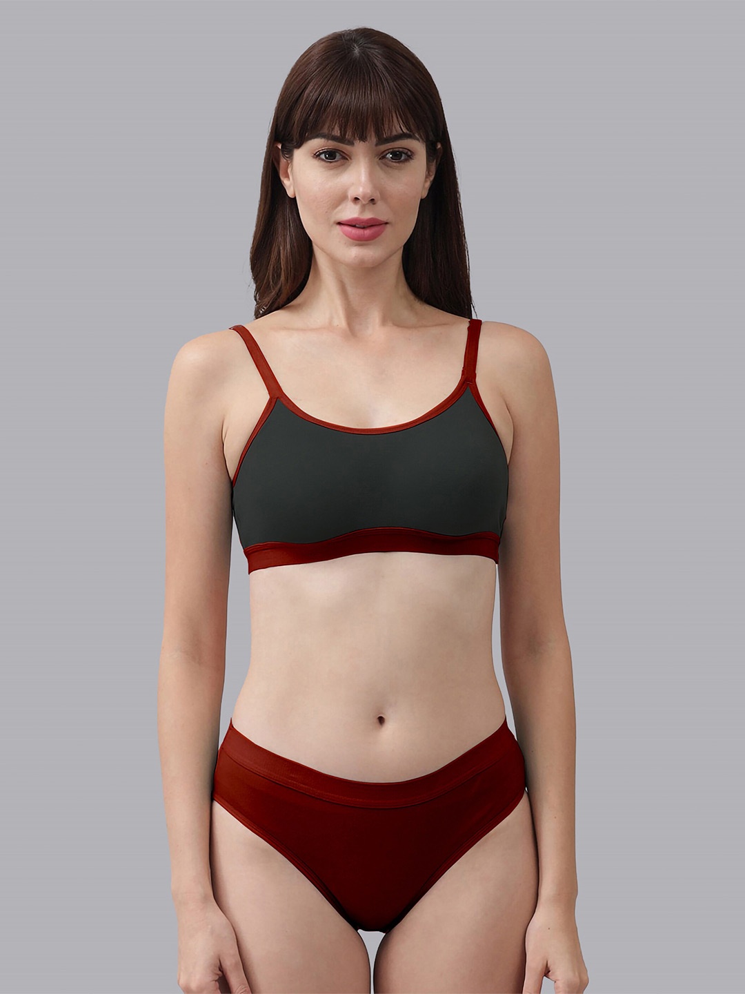 

PIBU Cotton Mid Rise Non Padded Lingerie Set, Maroon