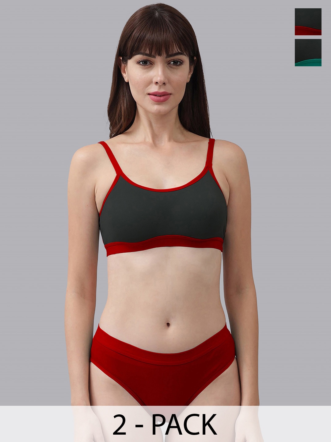 

PIBU Pack of 2 Non-Padded Cotton Lingerie Set-F_Pnora Set_21, Red