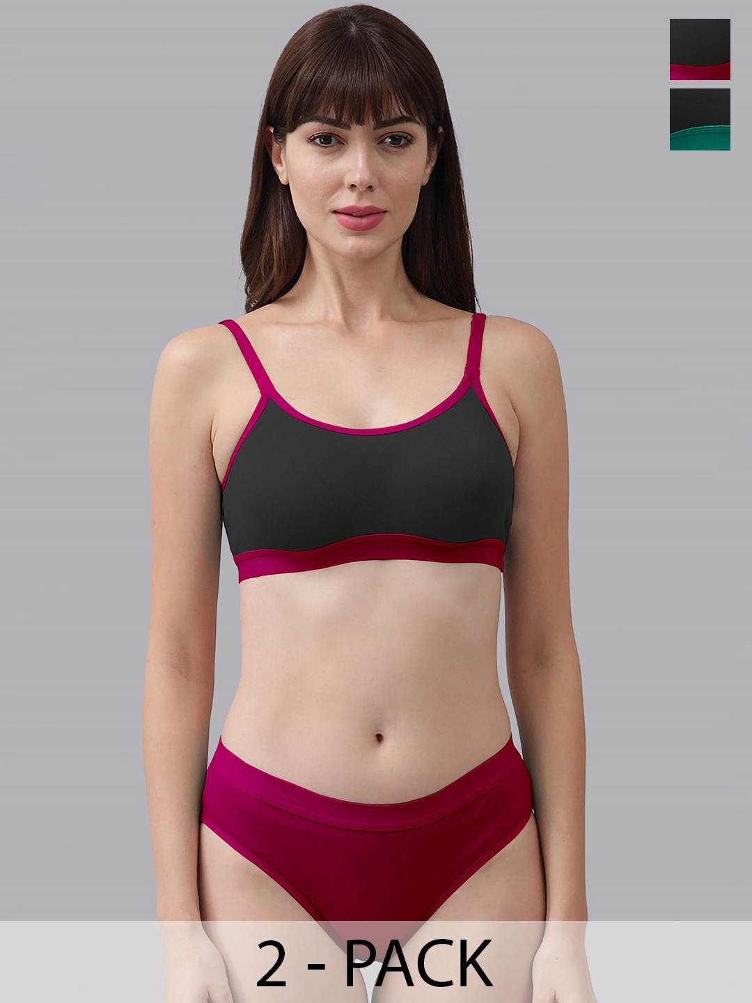 

PIBU Pack Of 2 Cotton Non Padded Lingerie Set, Green