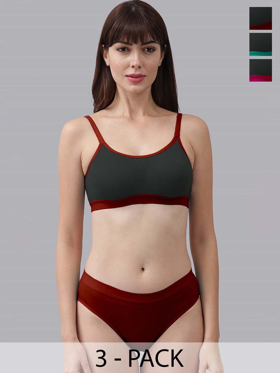 

PIBU Pack Of 3 Mid-Rise Cotton Lingerie Set, Black
