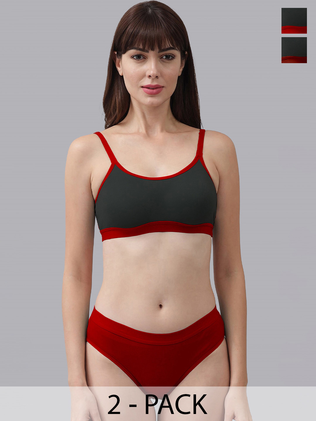 

PIBU Pack of 2 Non-Padded Cotton Lingerie Sets, Red