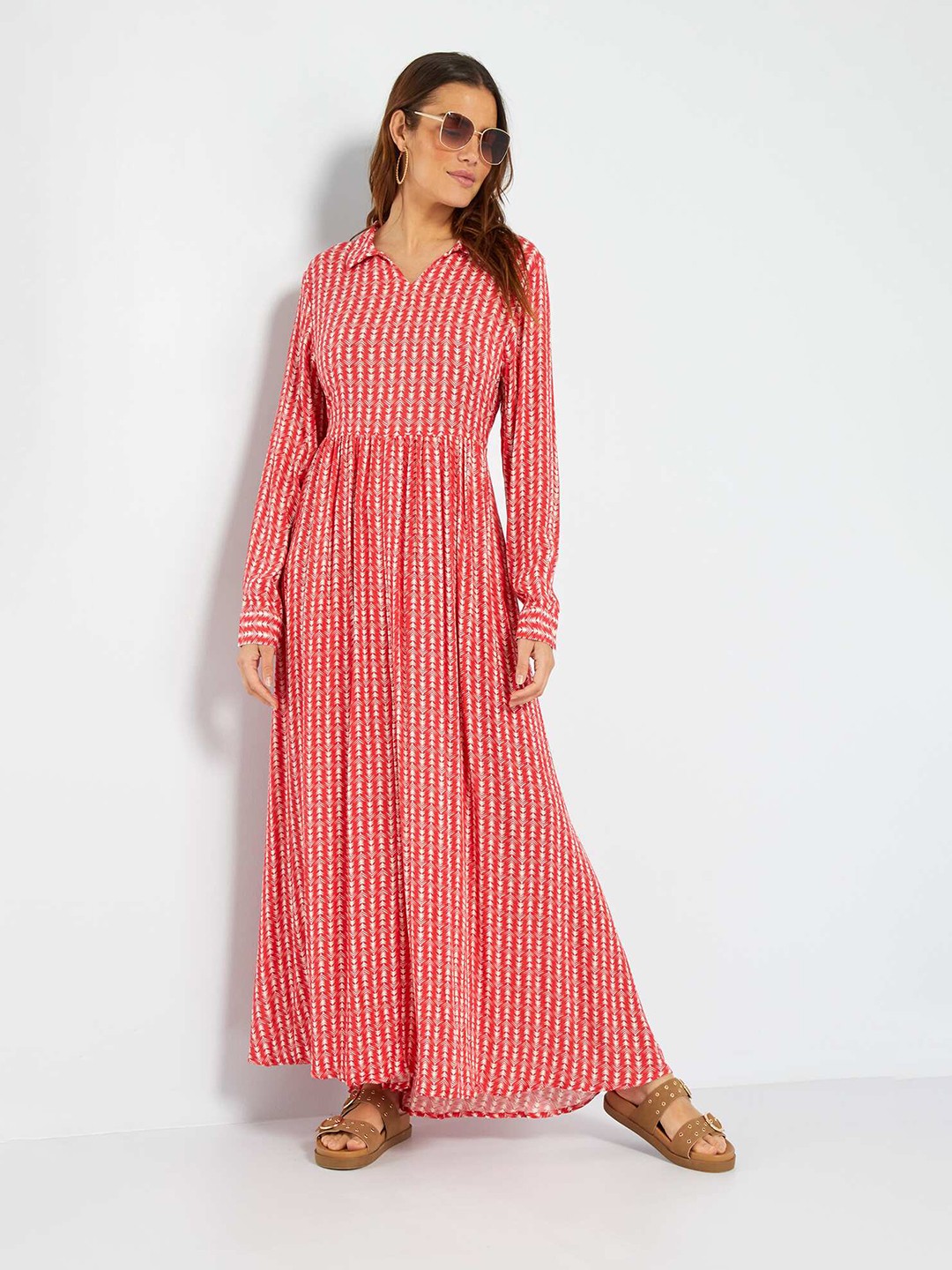 

KIABI Printed Shirt Collar Long Cuff Sleeves Maxi Dress, Red