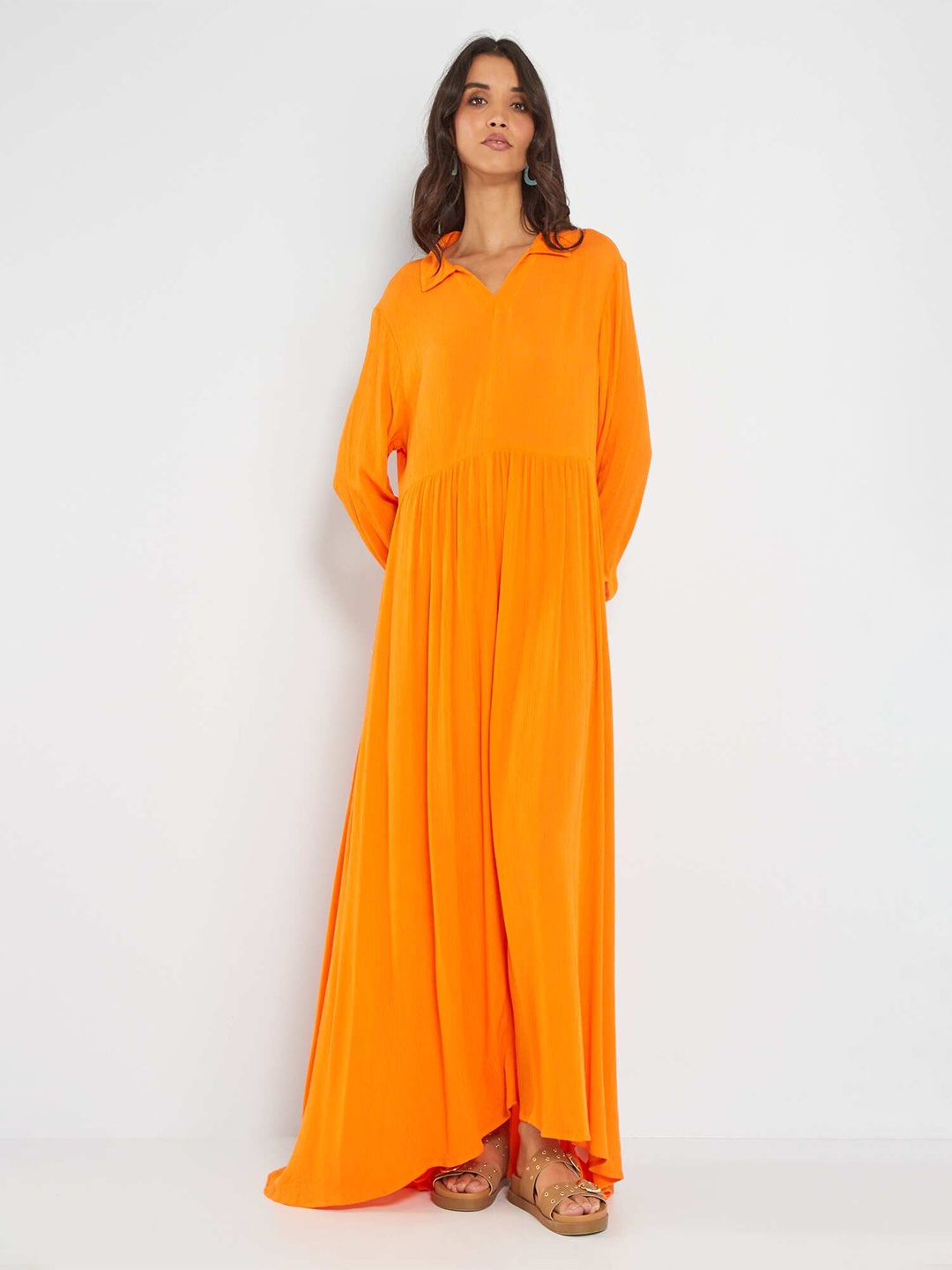 

KIABI Shirt Collar Long Cuff Sleeves Empire Maxi Dress, Orange