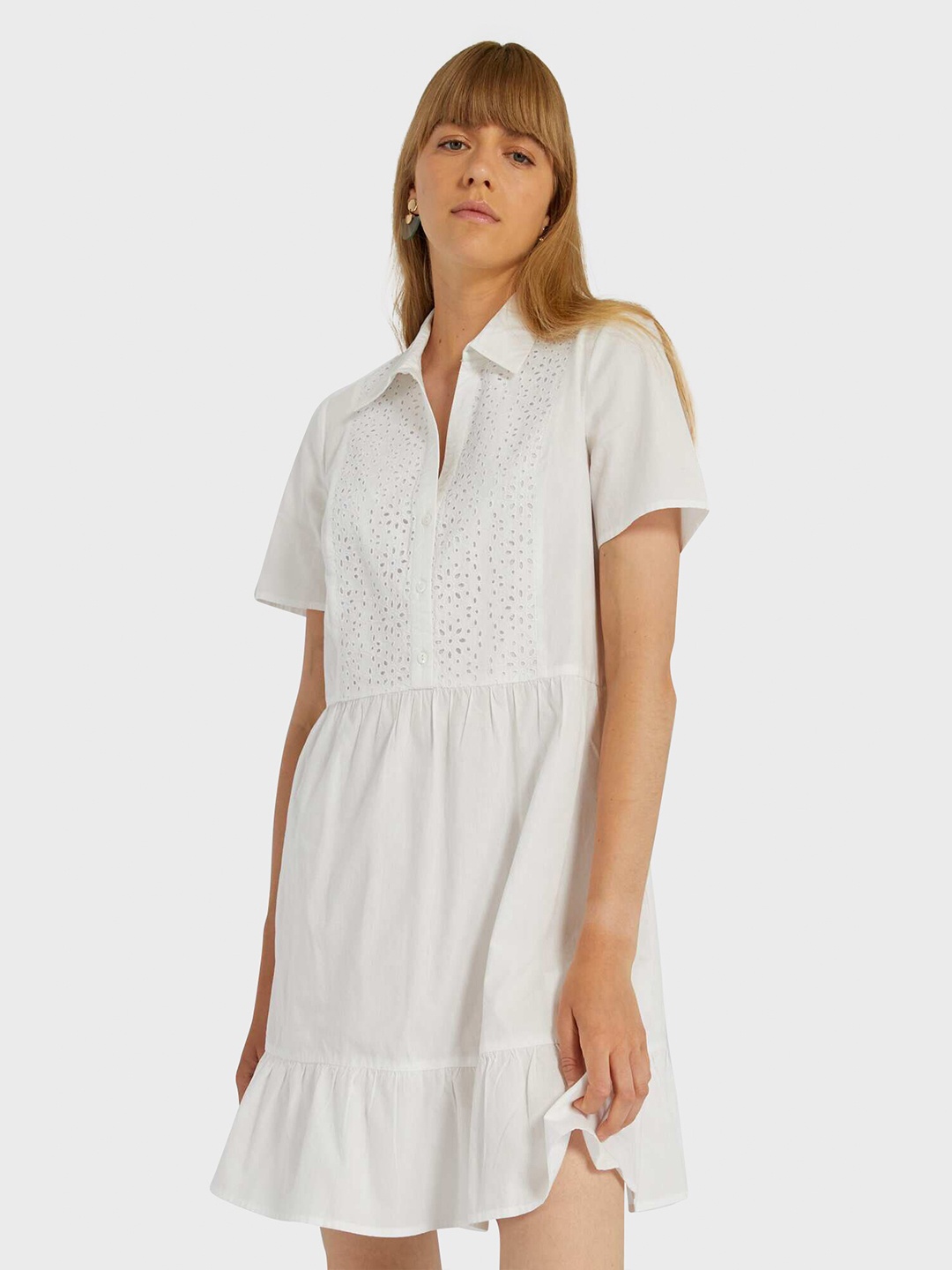 

KIABI Shirt Collar Short Sleeves Fit & Flare Mini Dress, White