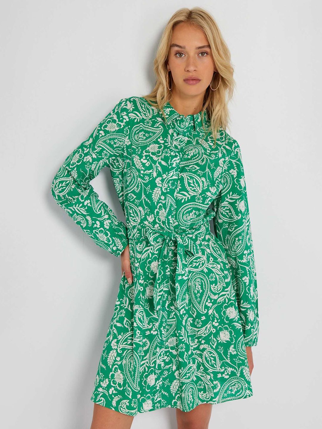 

KIABI Floral Printed Long Sleeves Belted Cotton Shirt Dress, Green