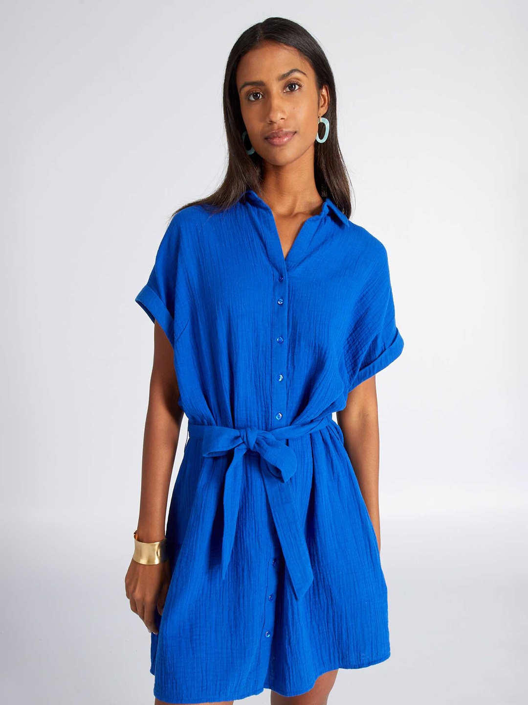 

KIABI Extended Sleeves Belted Cotton Shirt Dress, Blue