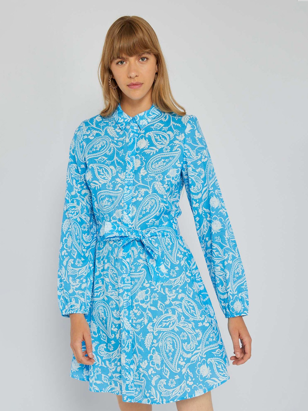 

KIABI Floral Printed Long Sleeves Belted Cotton Shirt Dress, Blue