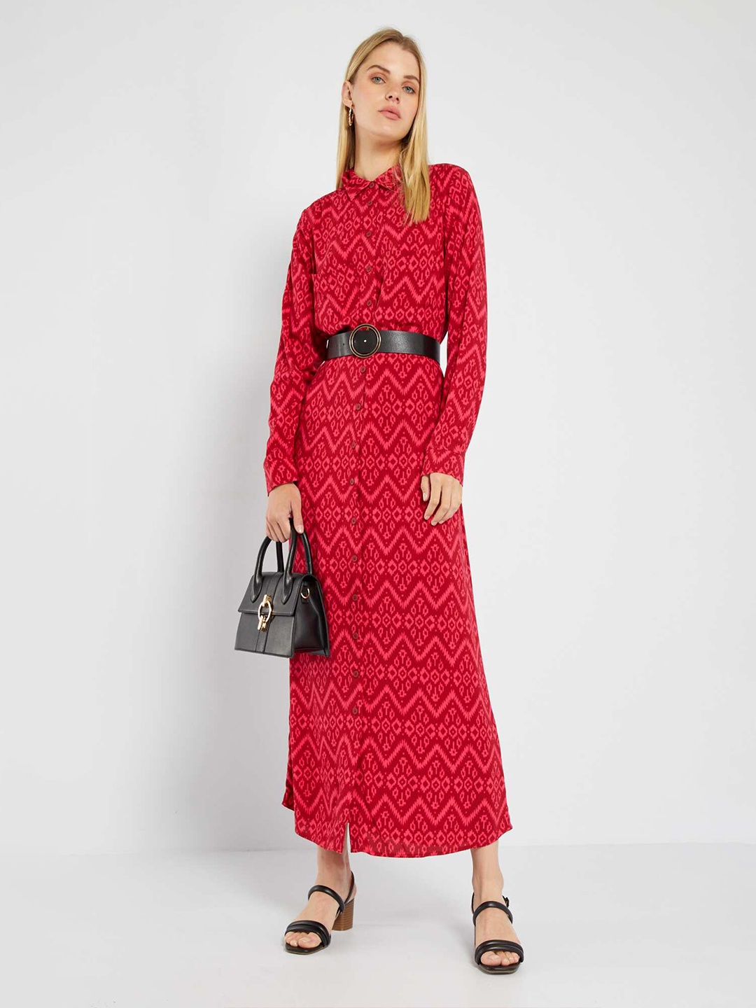 

KIABI Geometric Printed Shirt Collar Long Sleeves Shirt Maxi Dress, Red