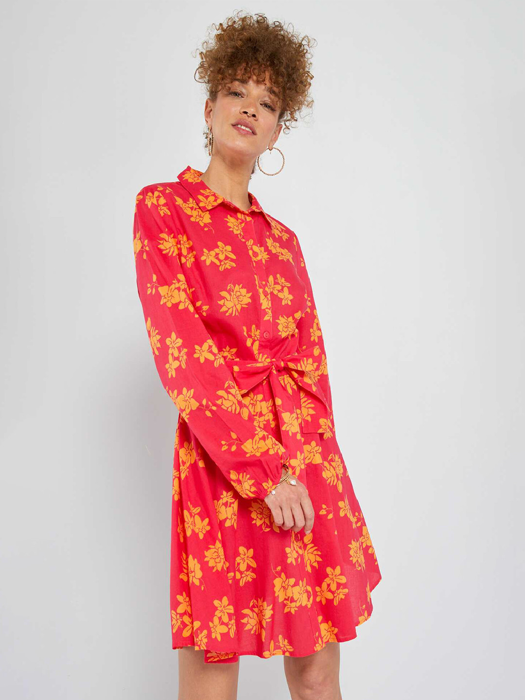 

KIABI Floral Printed Shirt Collar Puff Sleeves Fit & Flare Dress, Pink
