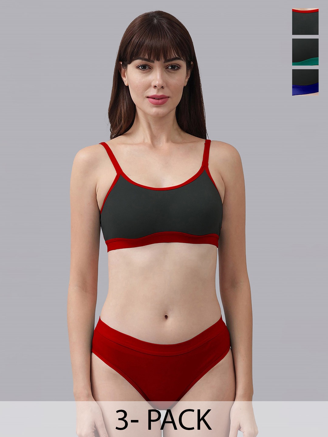 Aamarsh Pack Of 3 Non-Padded Cotton Lingerie Set, Maroon