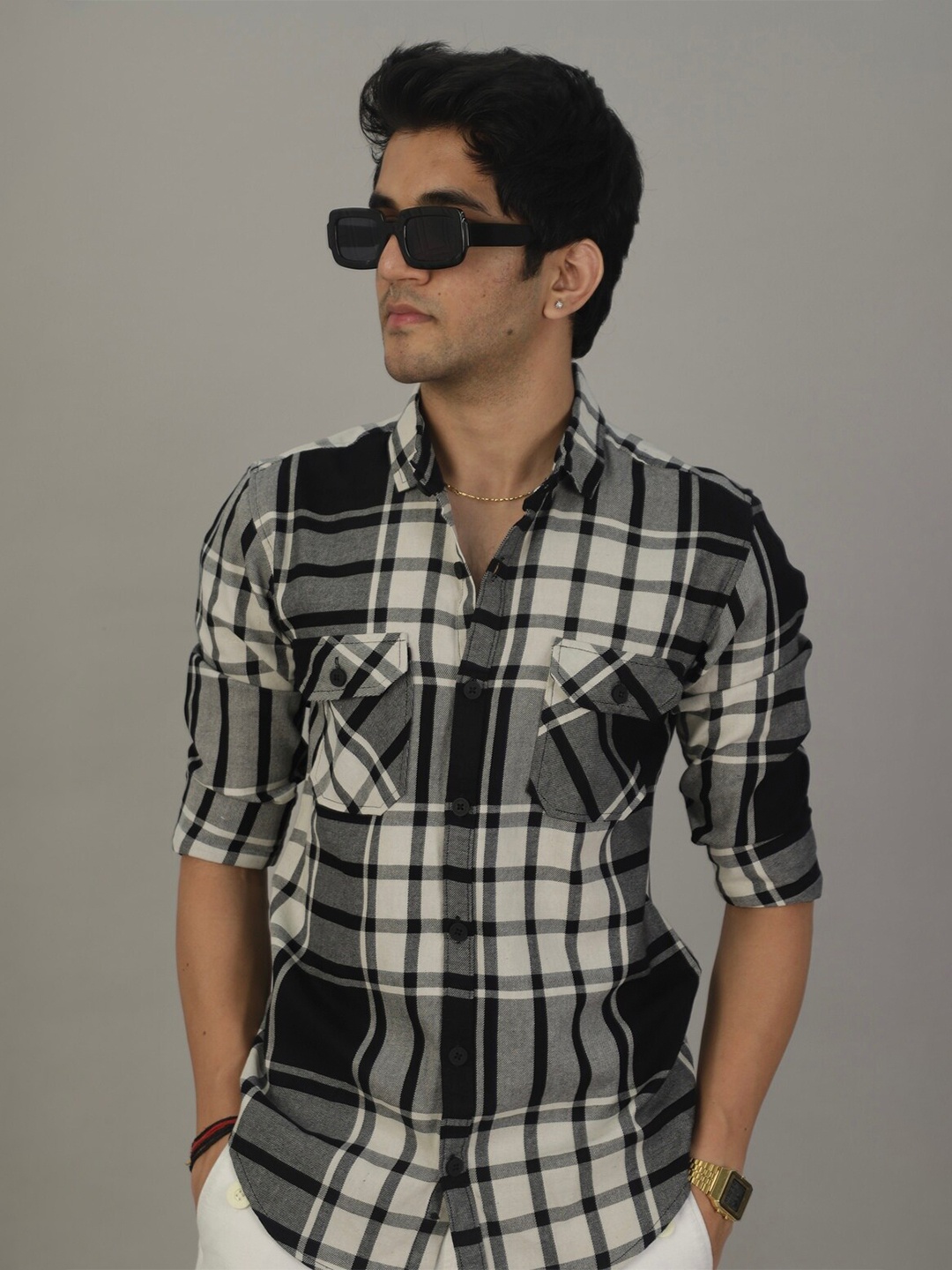 

DEZANO Tartan Checked Classic Slim Fit Cotton Casual Shirt, Black