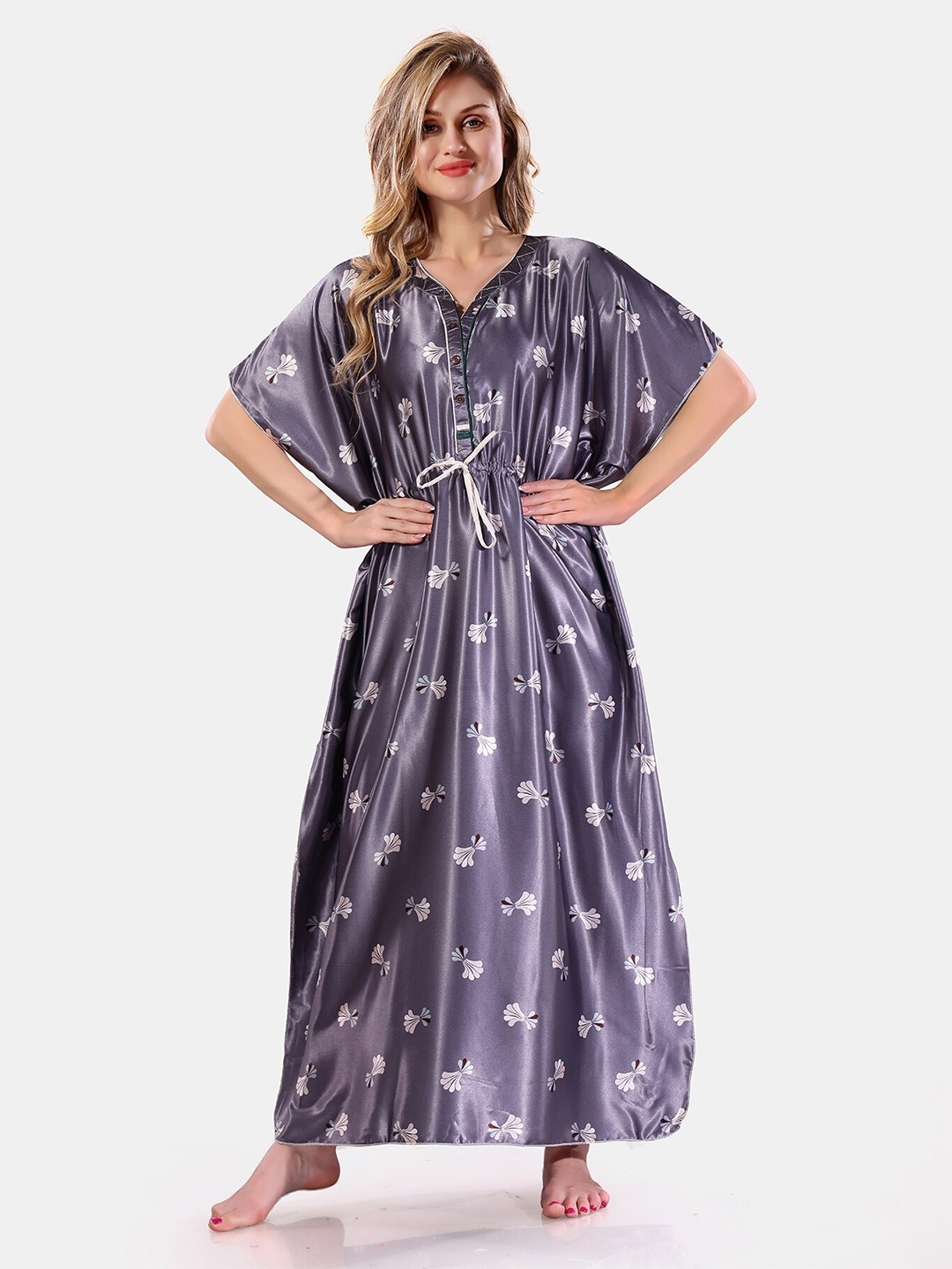 

Be You Floral Printed Satin V-Neck Kaftan Nightdress, Grey