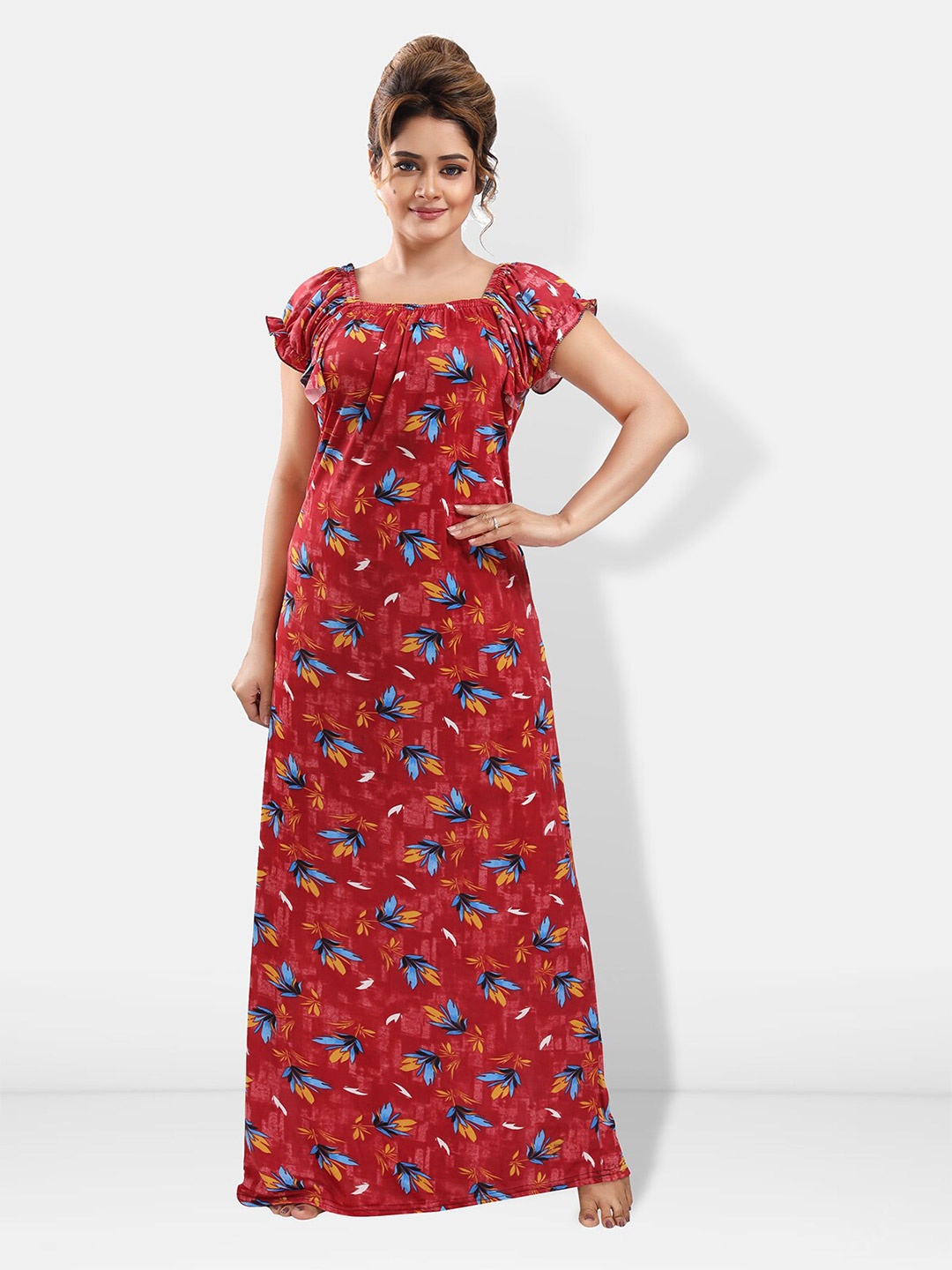

Be You Floral Printed Satin Maxi Nightdress, Maroon
