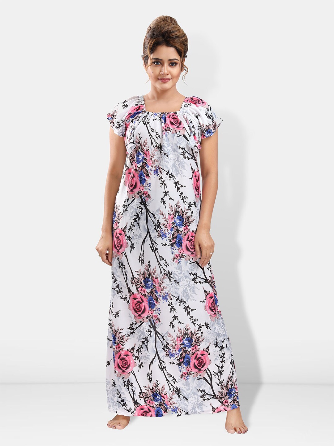 

Be You Floral Printed Square Neck Satin Maxi Nightdress, White