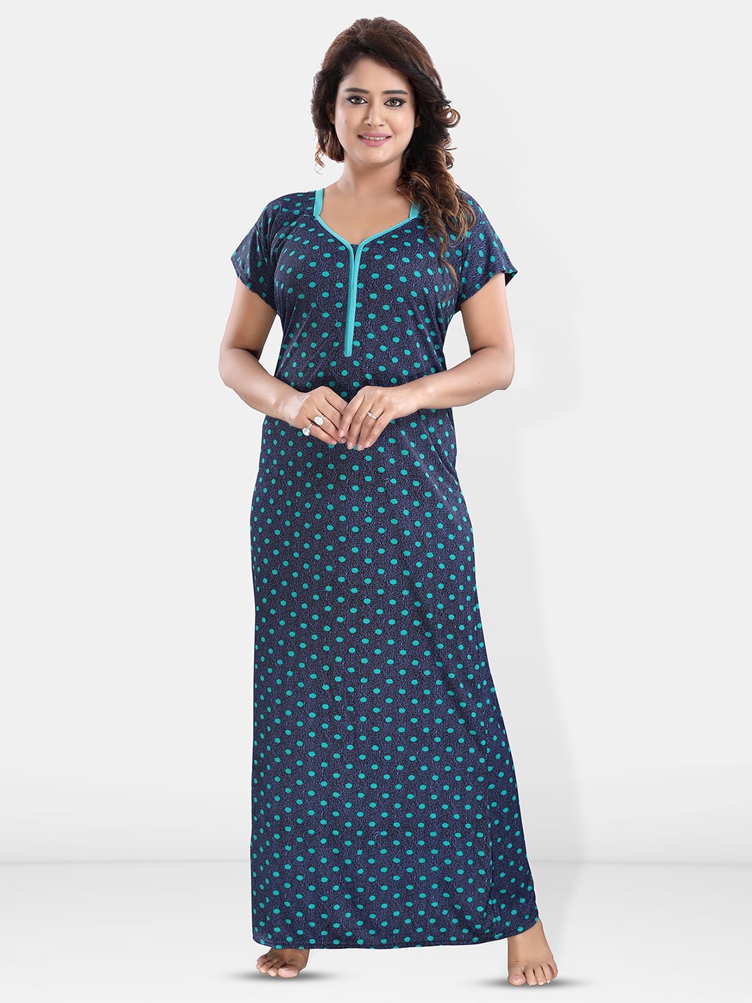 

Be You Polka Dots Printed Satin Maxi Nightdress, Turquoise blue