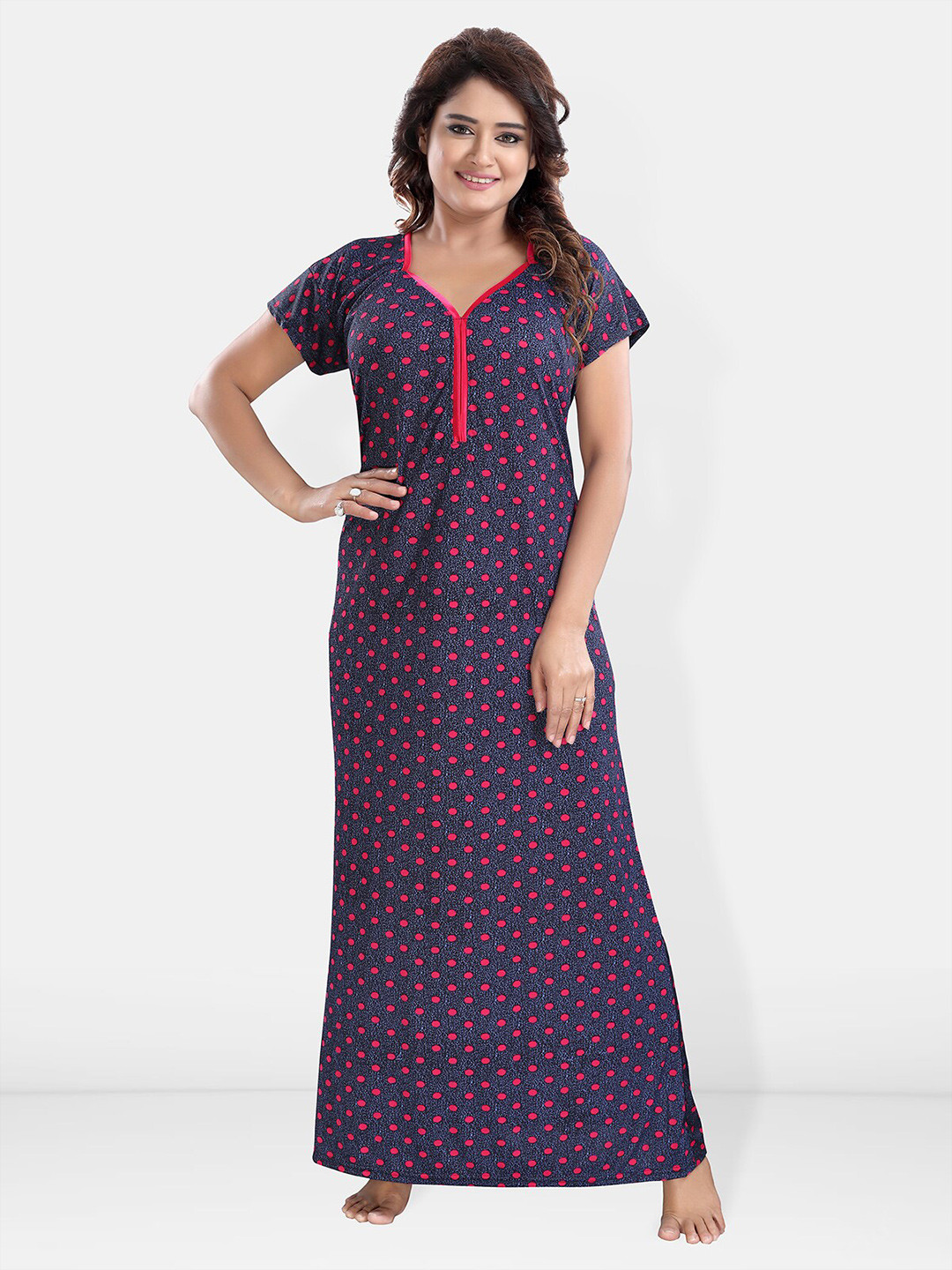 

Be You Polka Dot Printed V-Neck Satin Maxi Nightdress, Navy blue