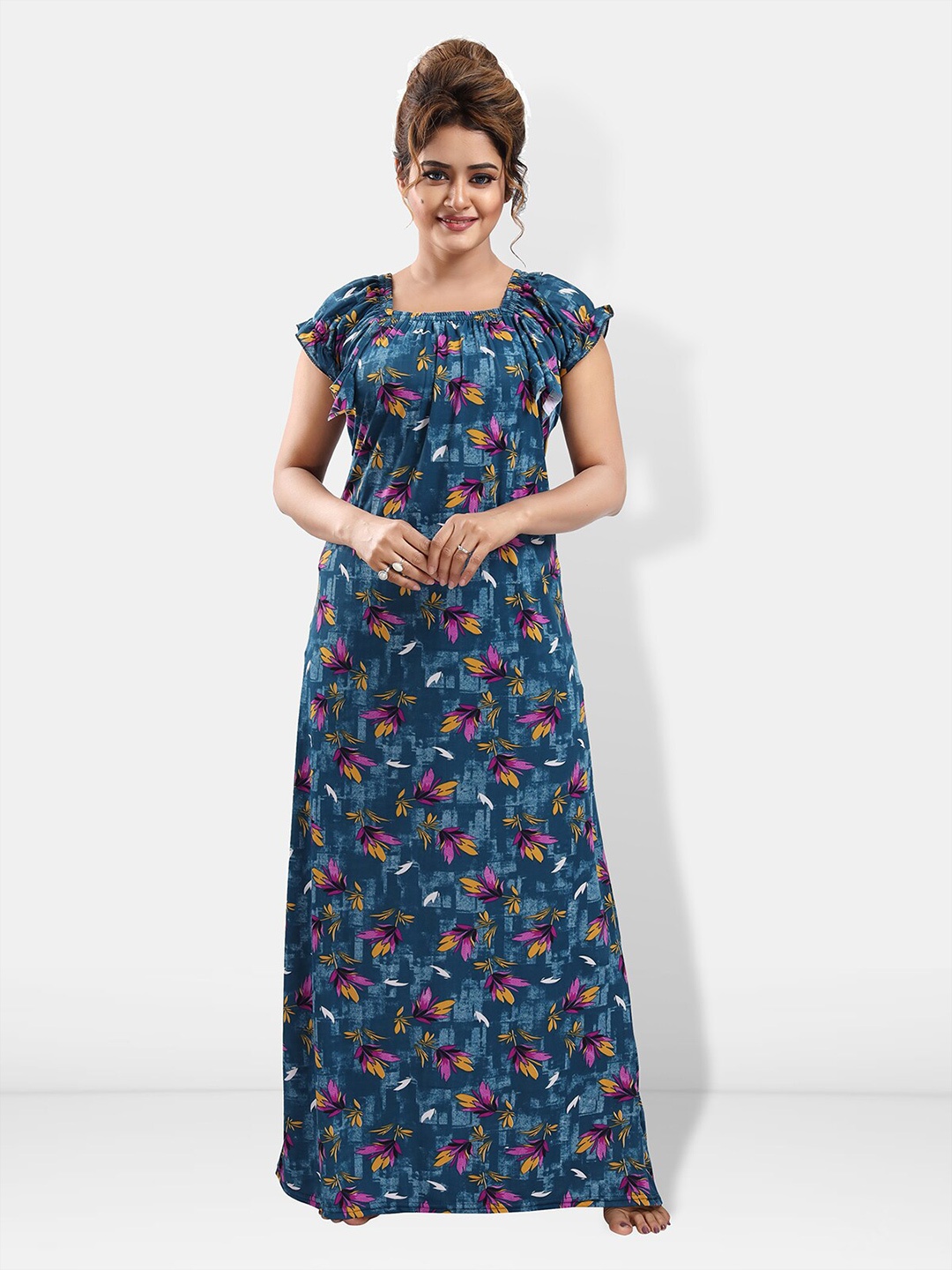 

Be You Floral Printed Satin Maxi Nightdress, Turquoise blue