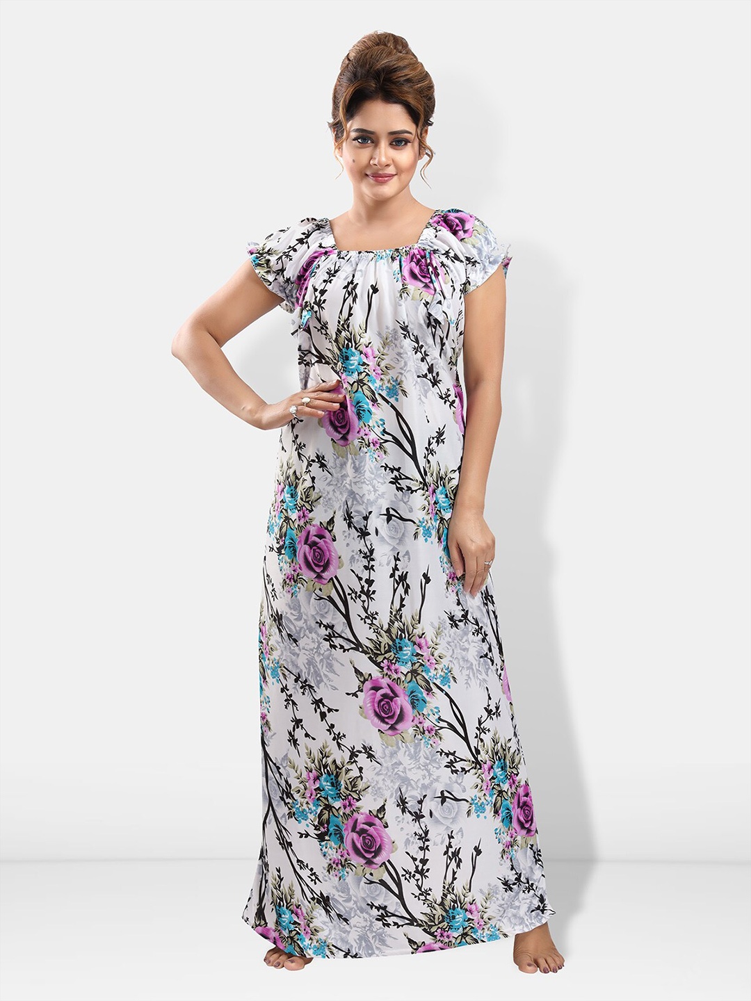 

Be You Floral Printed Satin Maxi Nightdress, White